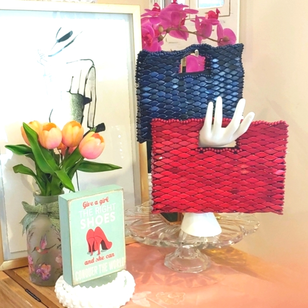 Pair of Handmade Wood bead clutch bags red and blue